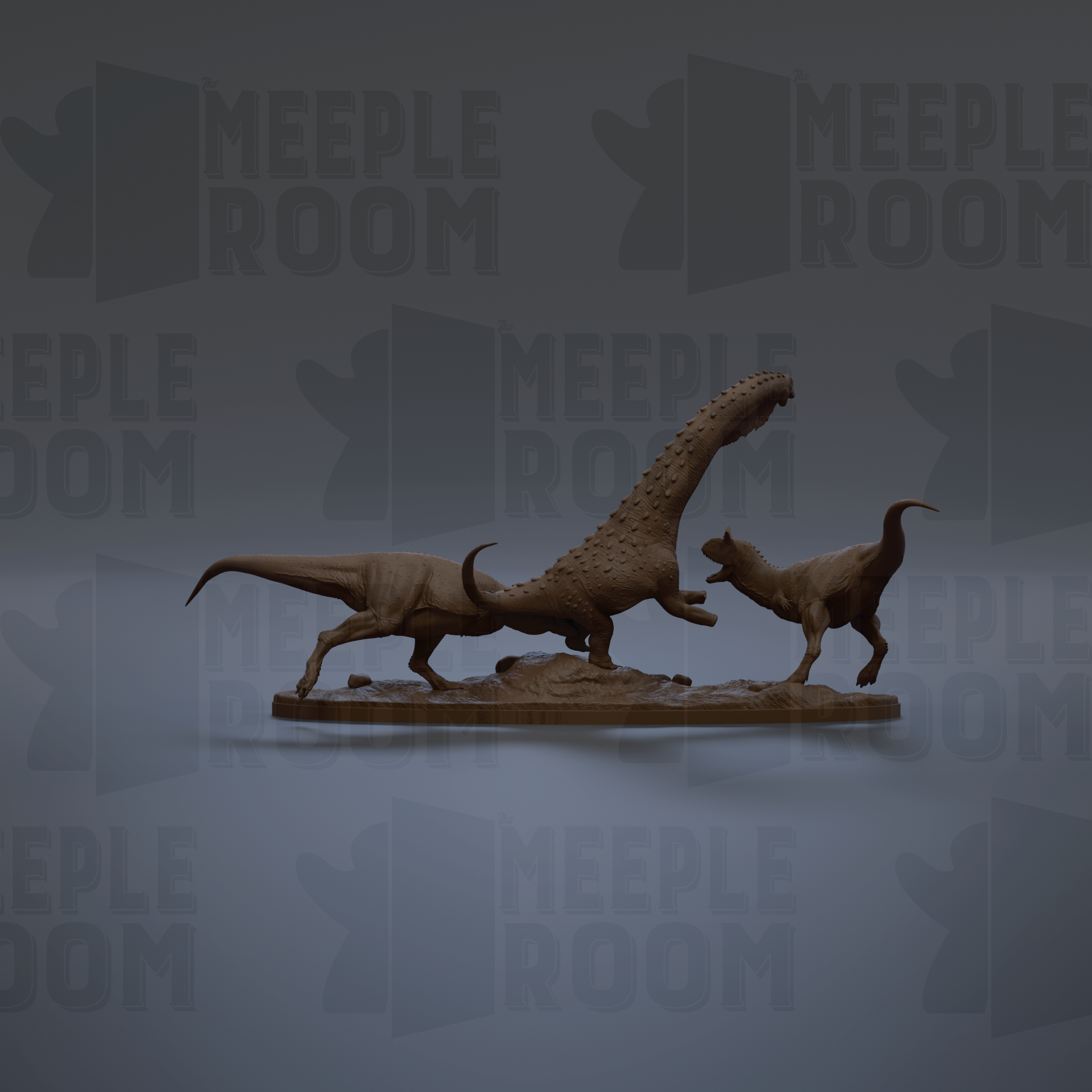 a 3D model of a dinosaur, specifically a T-Rex, posed in a dynamic fighting stance.