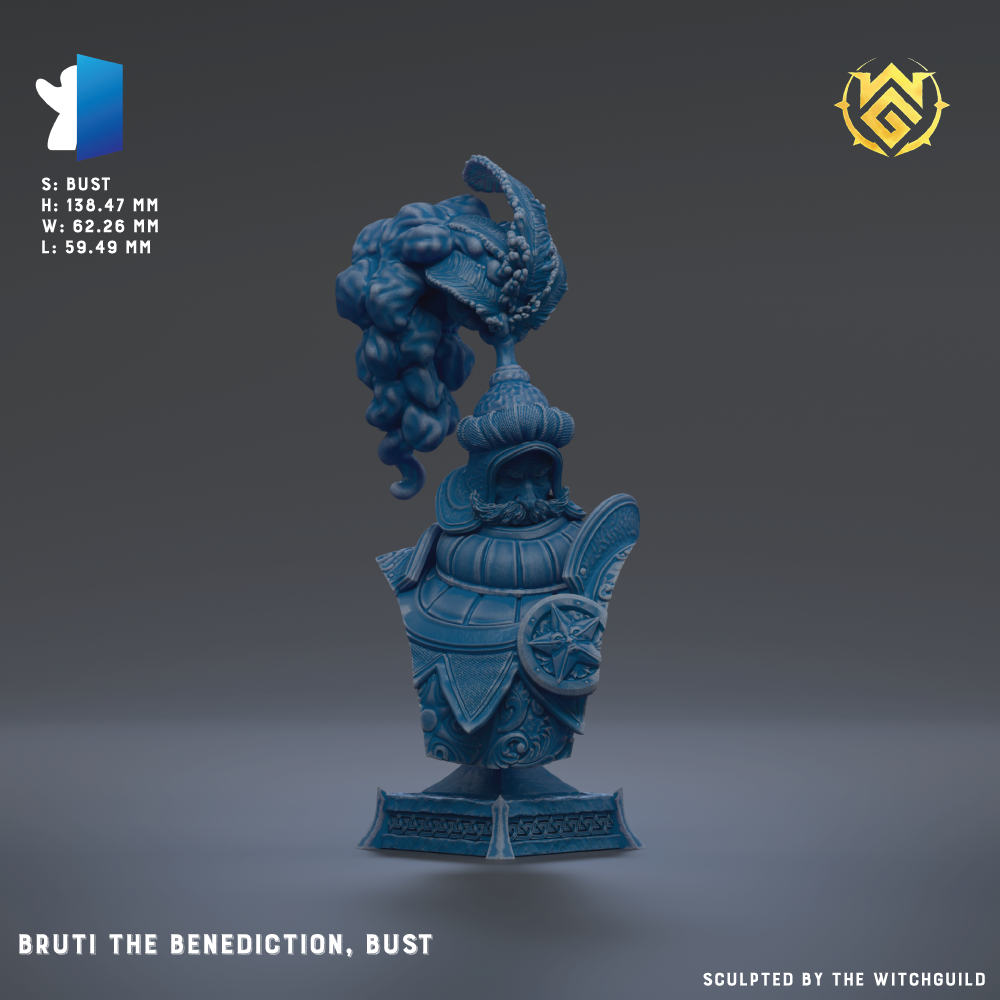 The image is a 3D rendering of a blue armored figure, likely a character from a fantasy or science fiction setting. The figure is depicted in a dynamic pose, with a large headdress or helmet on top. The background is a dark gray color, which contrasts with the blue of the figure and makes it stand out. The image is labeled with the text "BRUTI THE BENEDICTION, BUST" and "S.RUST H: 138.47 mm W: 62.25 mm L: 59.48 mm", indicating the dimensions and materials used in the sculpture.