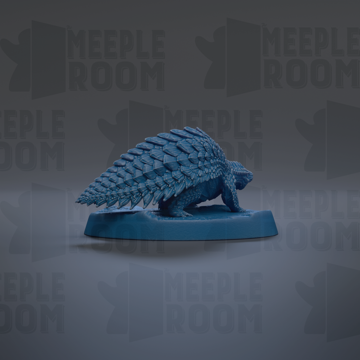 A blue armored dinosaur figurine is displayed on a blue base against a gray background with repeated "MEIPLLE ROOM" text.