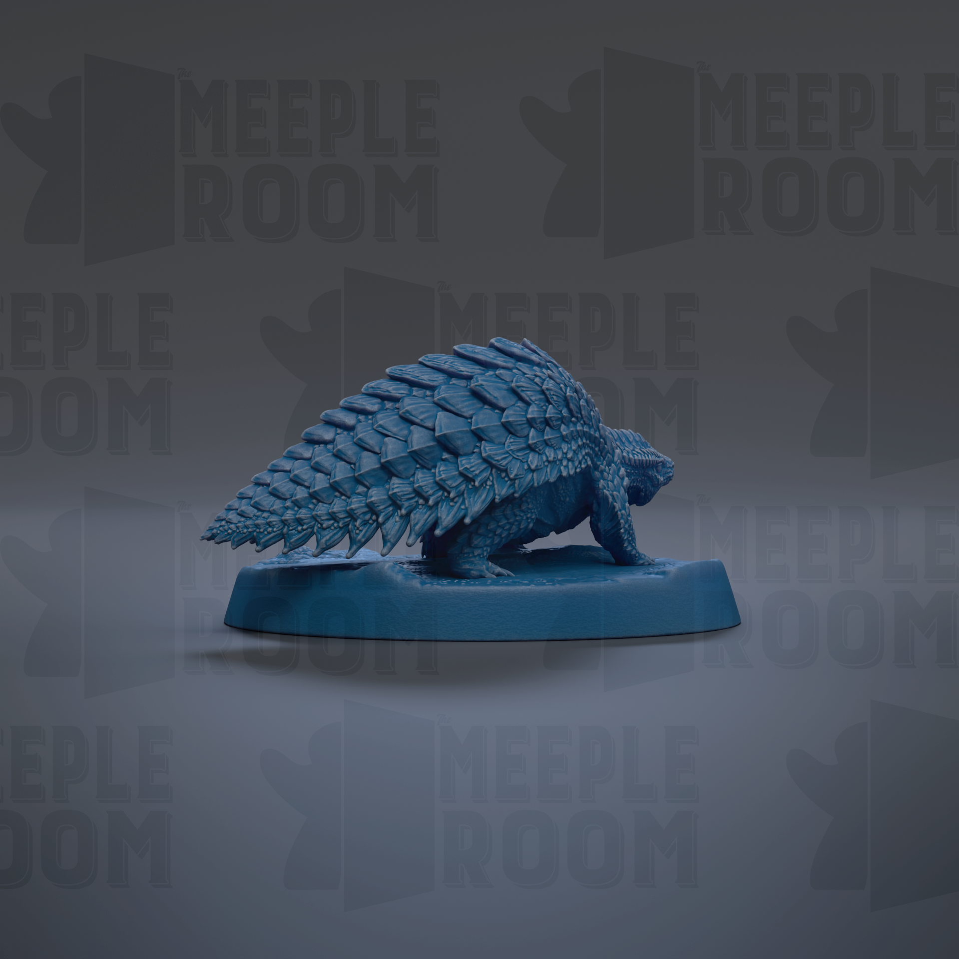 A blue armored dinosaur figurine is displayed on a blue base against a gray background with repeated "MEIPLLE ROOM" text.