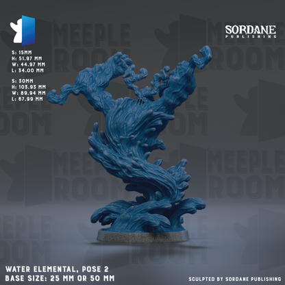 The image is a 3D rendering of a blue, organic-looking sculpture depicting a wave-like shape. The sculpture appears to be made of a material that resembles water or a similar fluid, with a textured, swirling appearance. The base size of the sculpture is either 25mm or 50mm, depending on the perspective. The image is a 3D rendering of a water-themed sculpture, and it is published by Sordane Publishing.