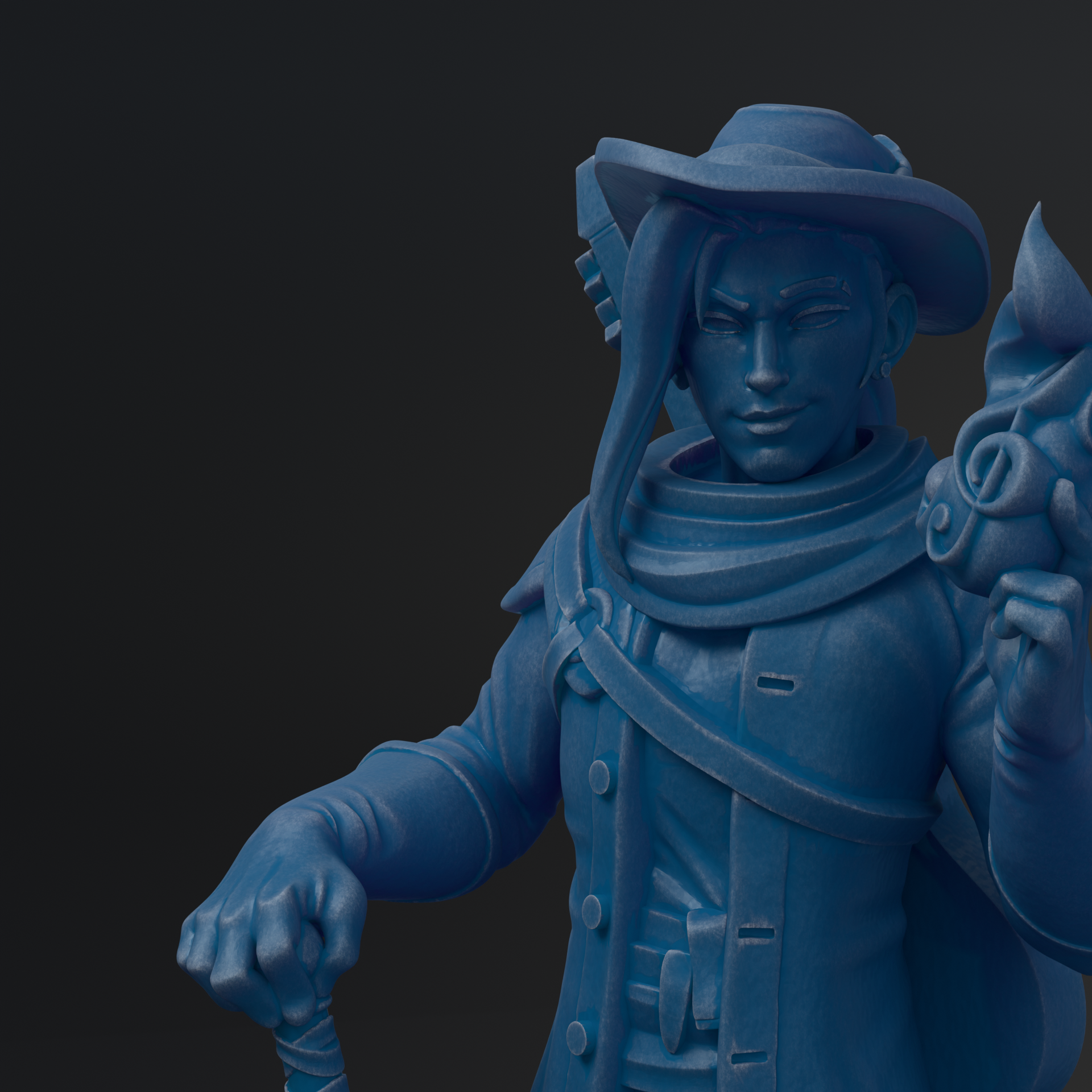 A close-up of a blue statue depicting a person wearing a hat and holding a cane.