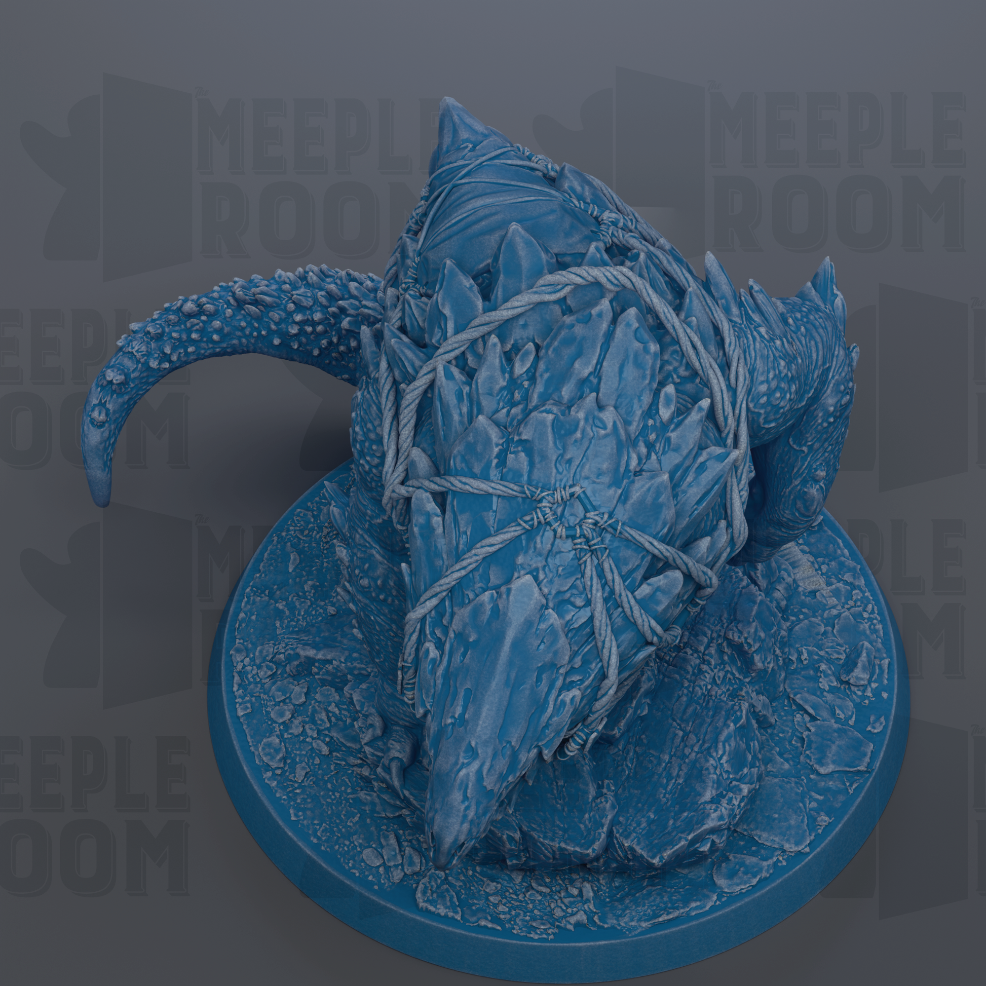 A blue, icy-looking creature with sharp teeth and claws, sitting on a blue base.