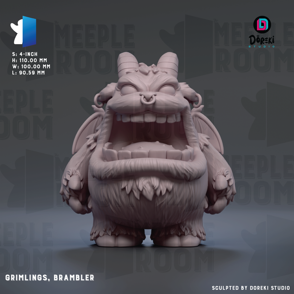 A 3D rendering of a grilings, brambler figurine, with a textured, furry appearance and exaggerated features.
