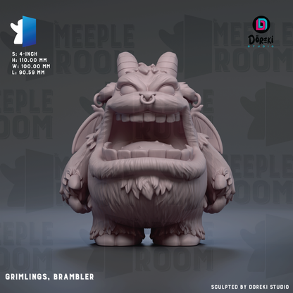 A 3D rendering of a grilings, brambler figurine, with a textured, furry appearance and exaggerated features.