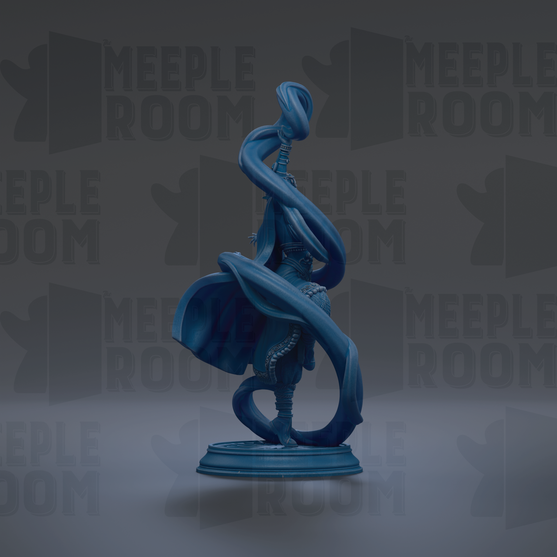 A blue statue of a figure with flowing robes and a long, twisted headdress stands on a pedestal against a dark background with repeated "MEIPLE ROOM" text.