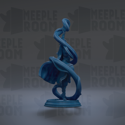 A blue statue of a figure with flowing robes and a long, twisted headdress stands on a pedestal against a dark background with repeated "MEIPLE ROOM" text.