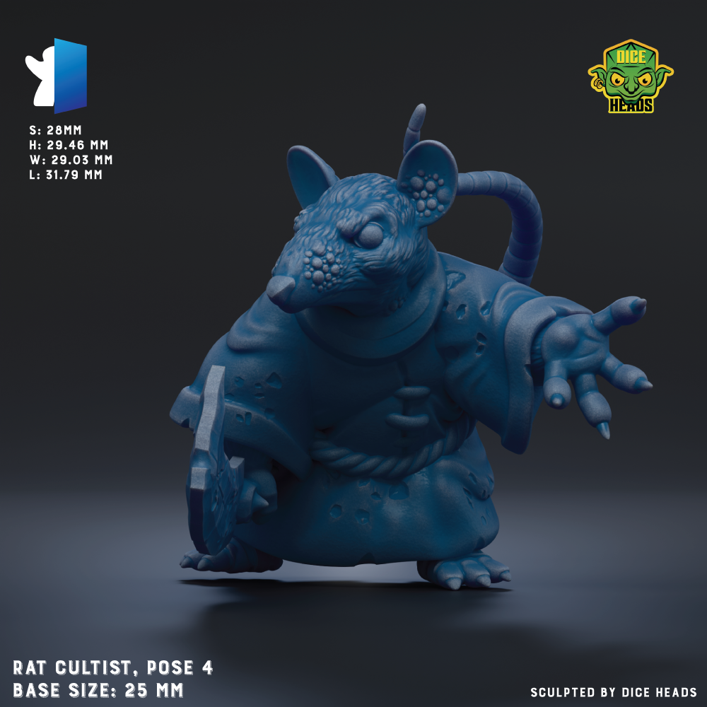 The image is a 3D rendering of a blue rat figurine, with the rat holding a sword and standing on one leg. The image is labeled with the name "RAT CULTIST" and the base size of the figurine is 25mm.