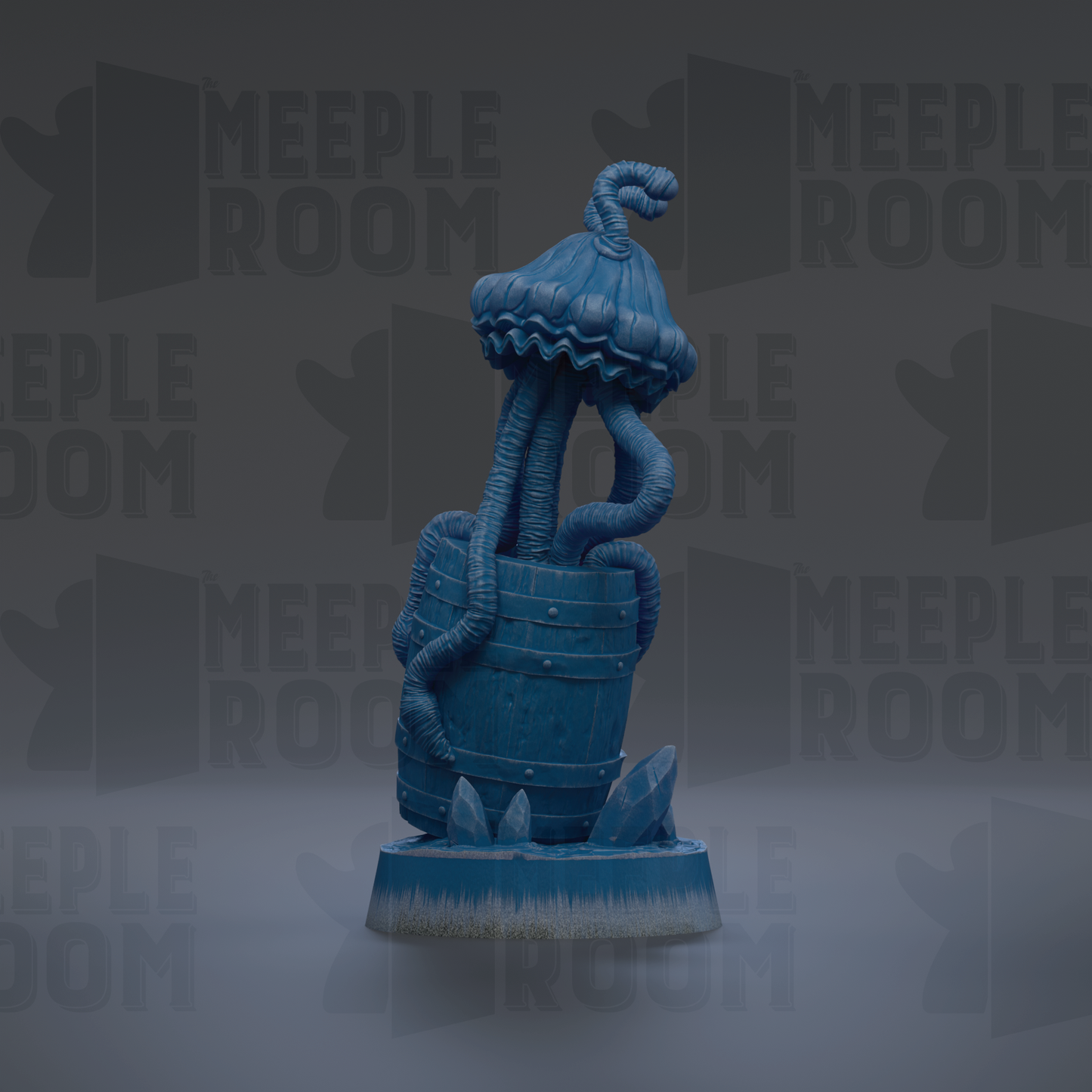 A blue, abstract sculpture resembling a jellyfish or sea creature, with a large, curved shape and multiple tentacles, is displayed against a dark background with repeated text.