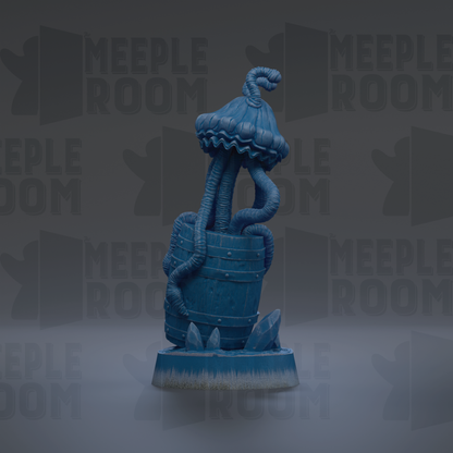 A blue, abstract sculpture resembling a jellyfish or sea creature, with a large, curved shape and multiple tentacles, is displayed against a dark background with repeated text.