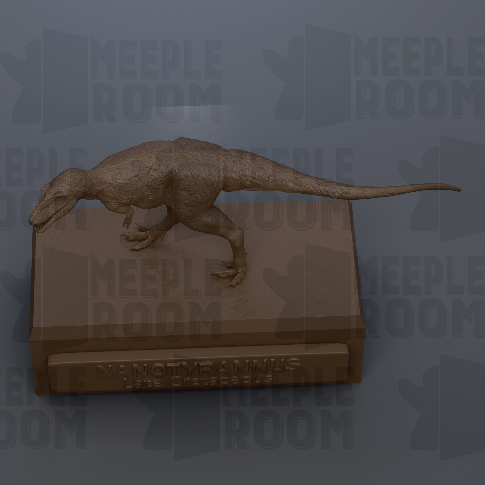 A 3D rendering of a dinosaur, specifically a meek room dinosaur, standing on a rectangular base.