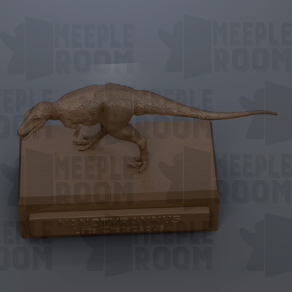 A 3D rendering of a dinosaur, specifically a meek room dinosaur, standing on a rectangular base.