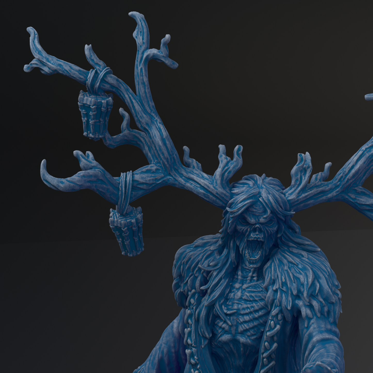 A dark, eerie-looking blue creature with sharp teeth and claws, resembling a monster or a supernatural being, is depicted in the image.