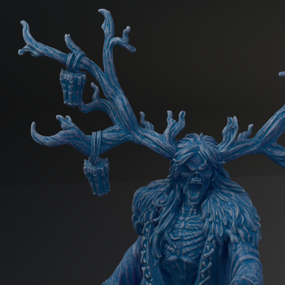 A dark, eerie-looking blue creature with sharp teeth and claws, resembling a monster or a supernatural being, is depicted in the image.