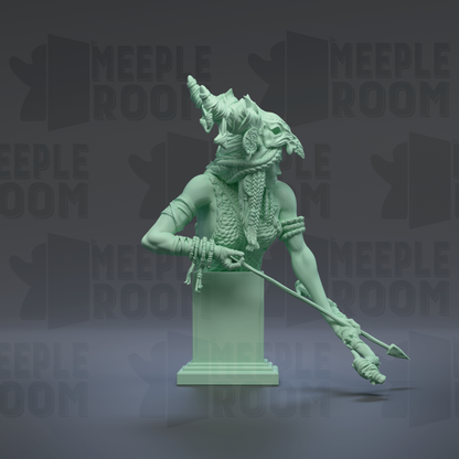 A green statue of a warrior figure holding a spear and shield, standing on a pedestal against a dark background with repeated "MEIPLE ROOM" text.
