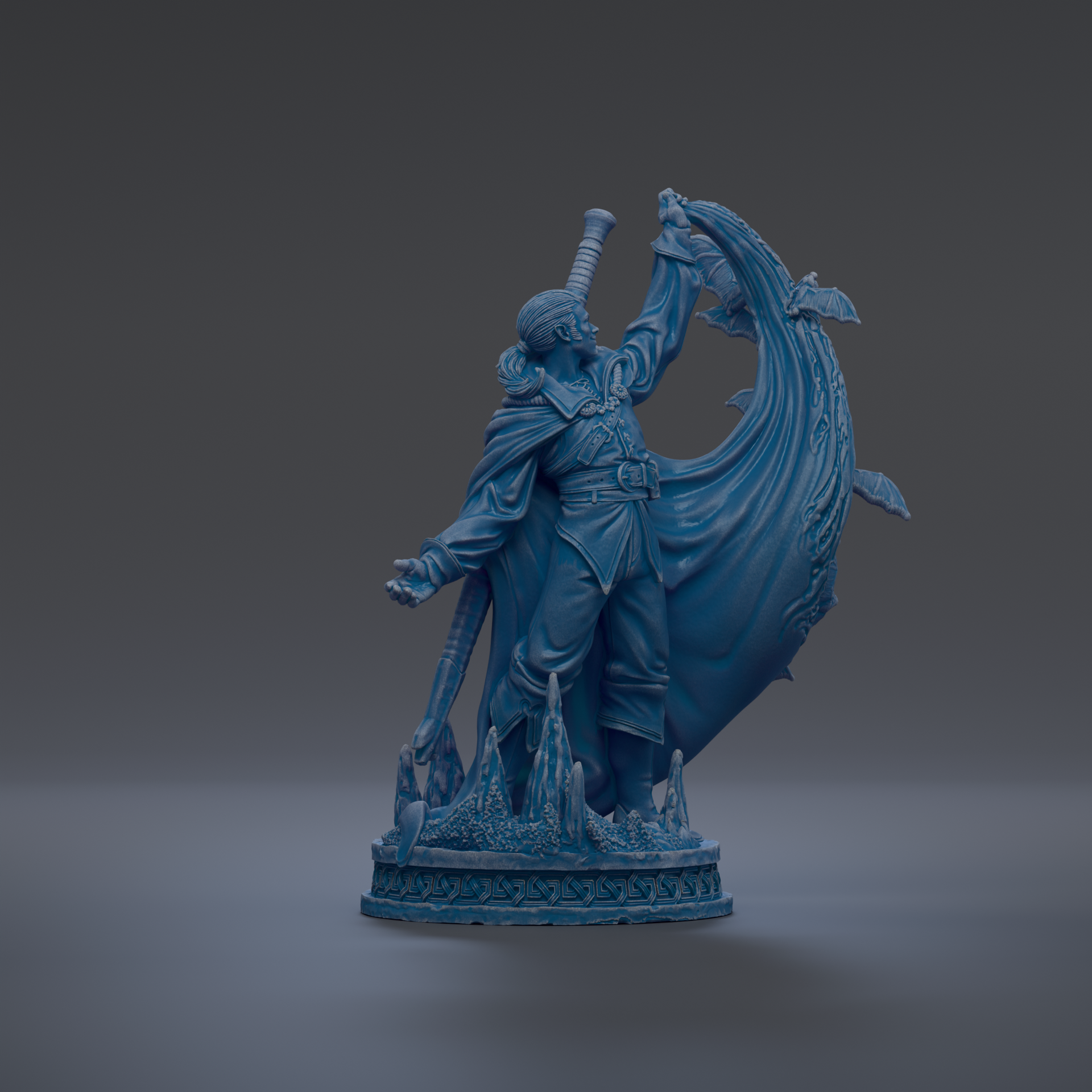 A 3D rendering of a statue of a person holding a sword and shield, standing on a pedestal.