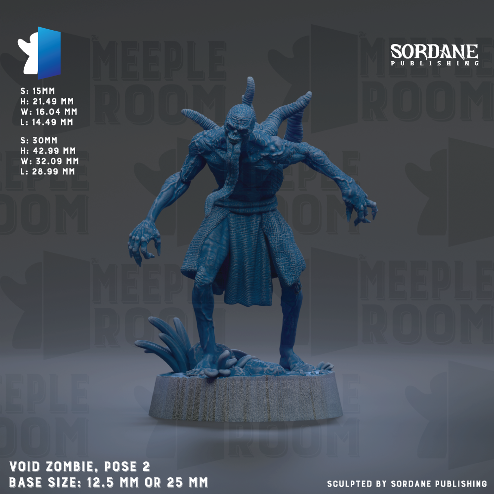 a blue zombie-like creature with horns and a long, curved tail, standing on a base and posing for the camera.