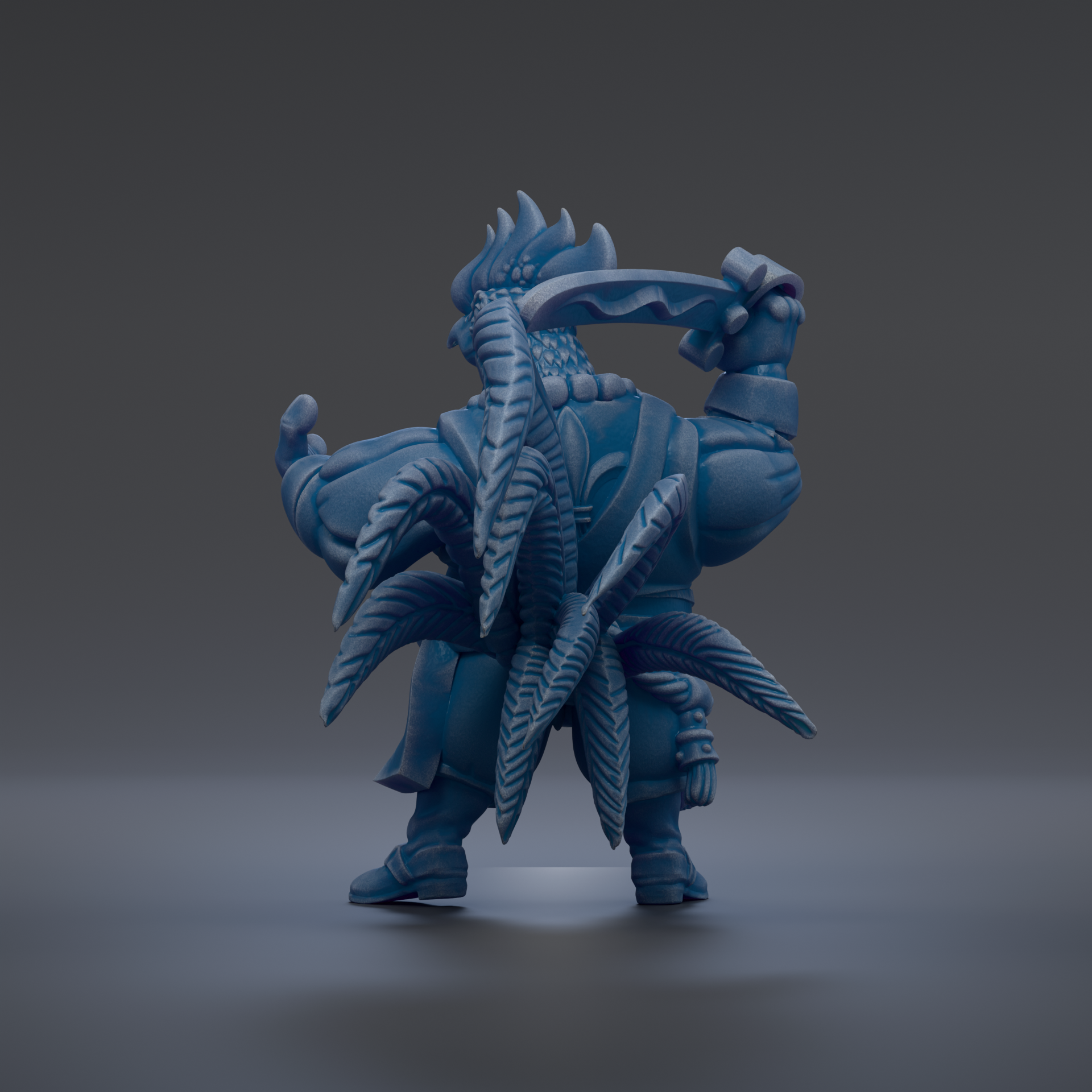 A 3D rendering of a blue, fantastical creature with a large head and multiple arms, holding a weapon in its hand.