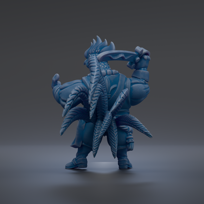 A 3D rendering of a blue, fantastical creature with a large head and multiple arms, holding a weapon in its hand.