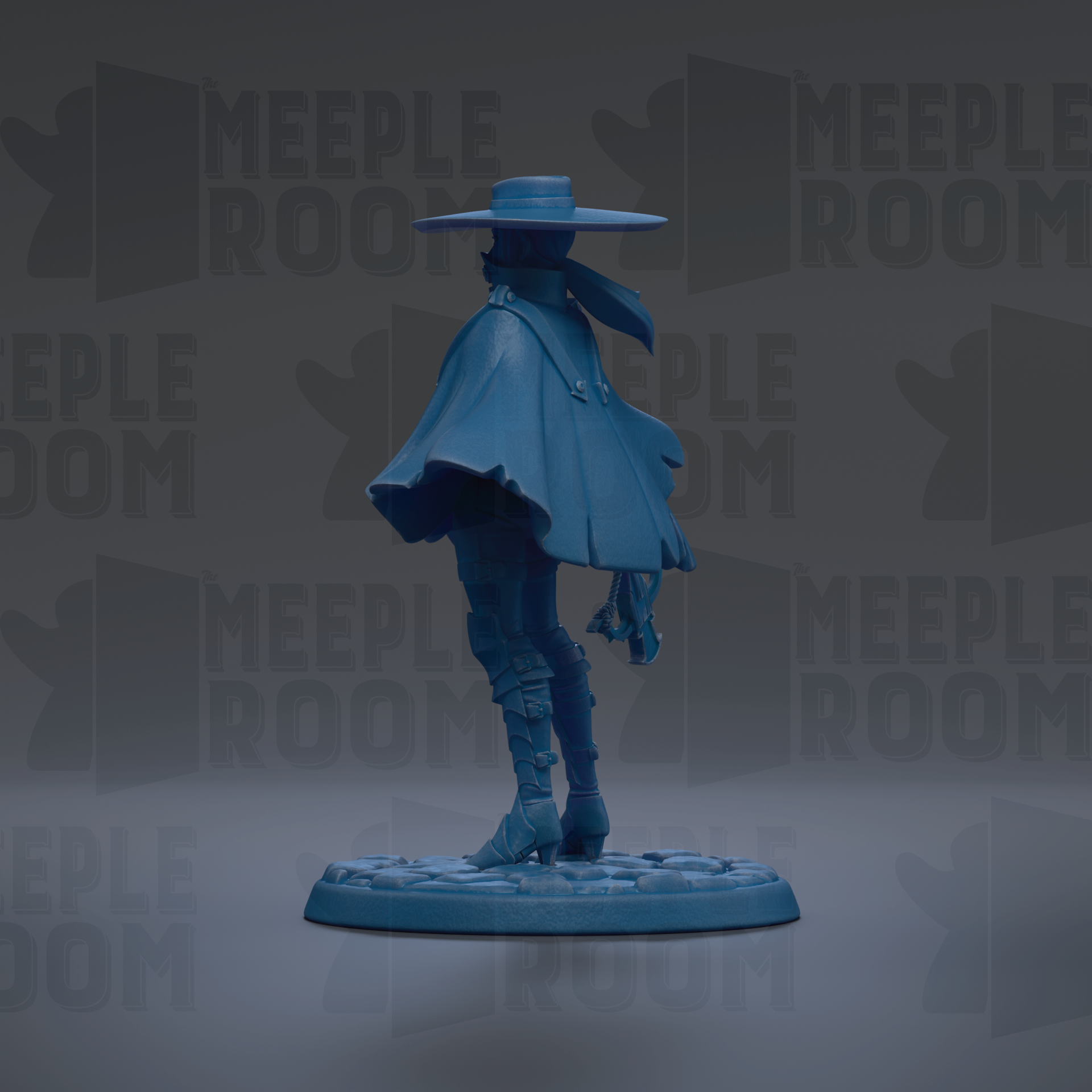 A blue figurine of a person wearing a hat and cape, standing on a base.