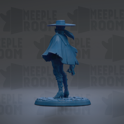 A blue figurine of a person wearing a hat and cape, standing on a base.