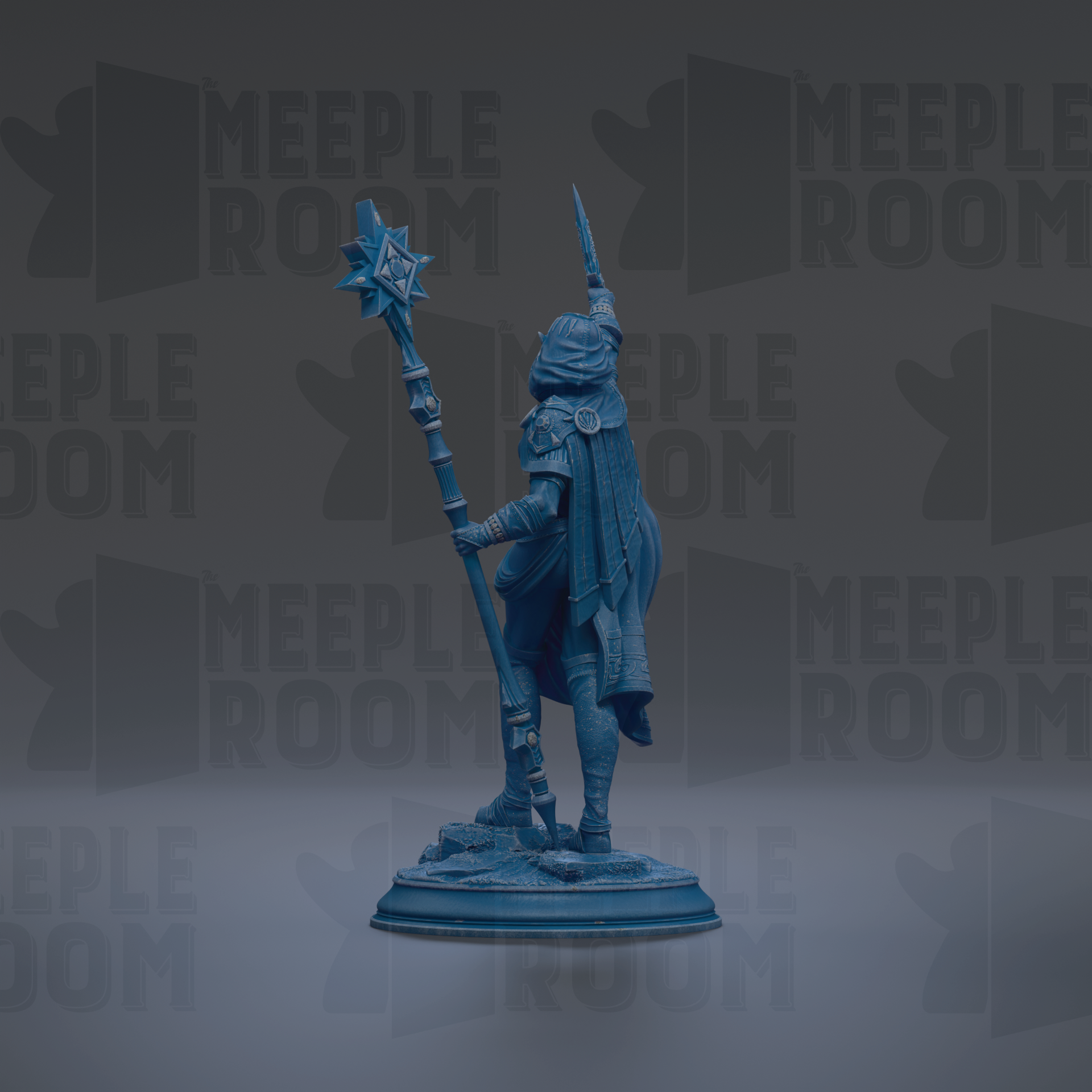 A blue figurine of a person holding a staff and shield, standing on a base.