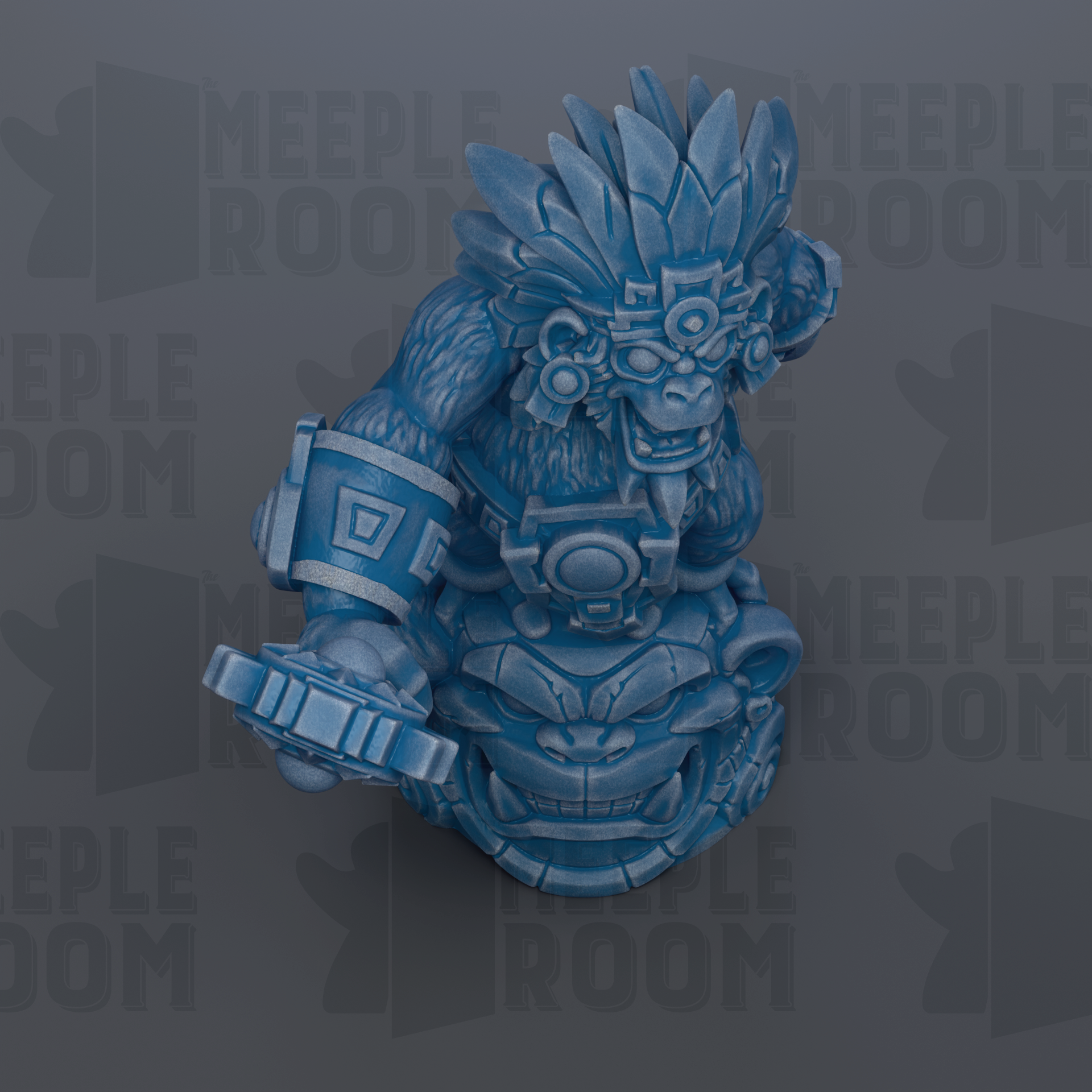 A blue, ceramic figurine of a creature with a fierce expression and intricate details, set against a dark background with repeated text.