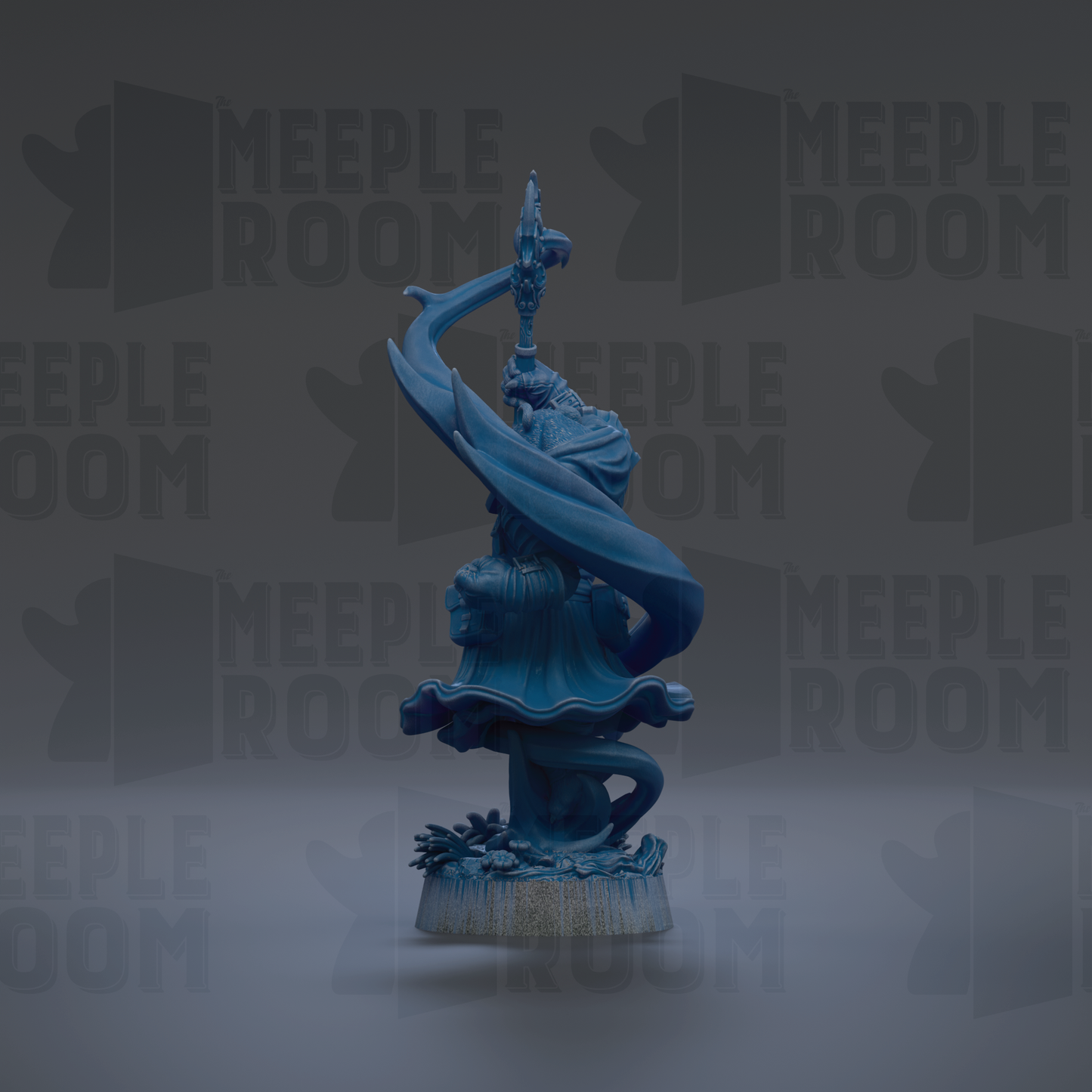 A blue statue of a figure with a sword and shield stands prominently against a dark background with repeated "MEIPLE ROOM" text.