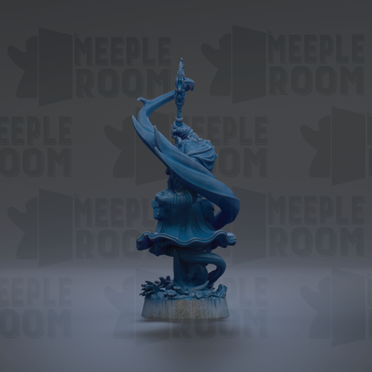 A blue statue of a figure with a sword and shield stands prominently against a dark background with repeated "MEIPLE ROOM" text.