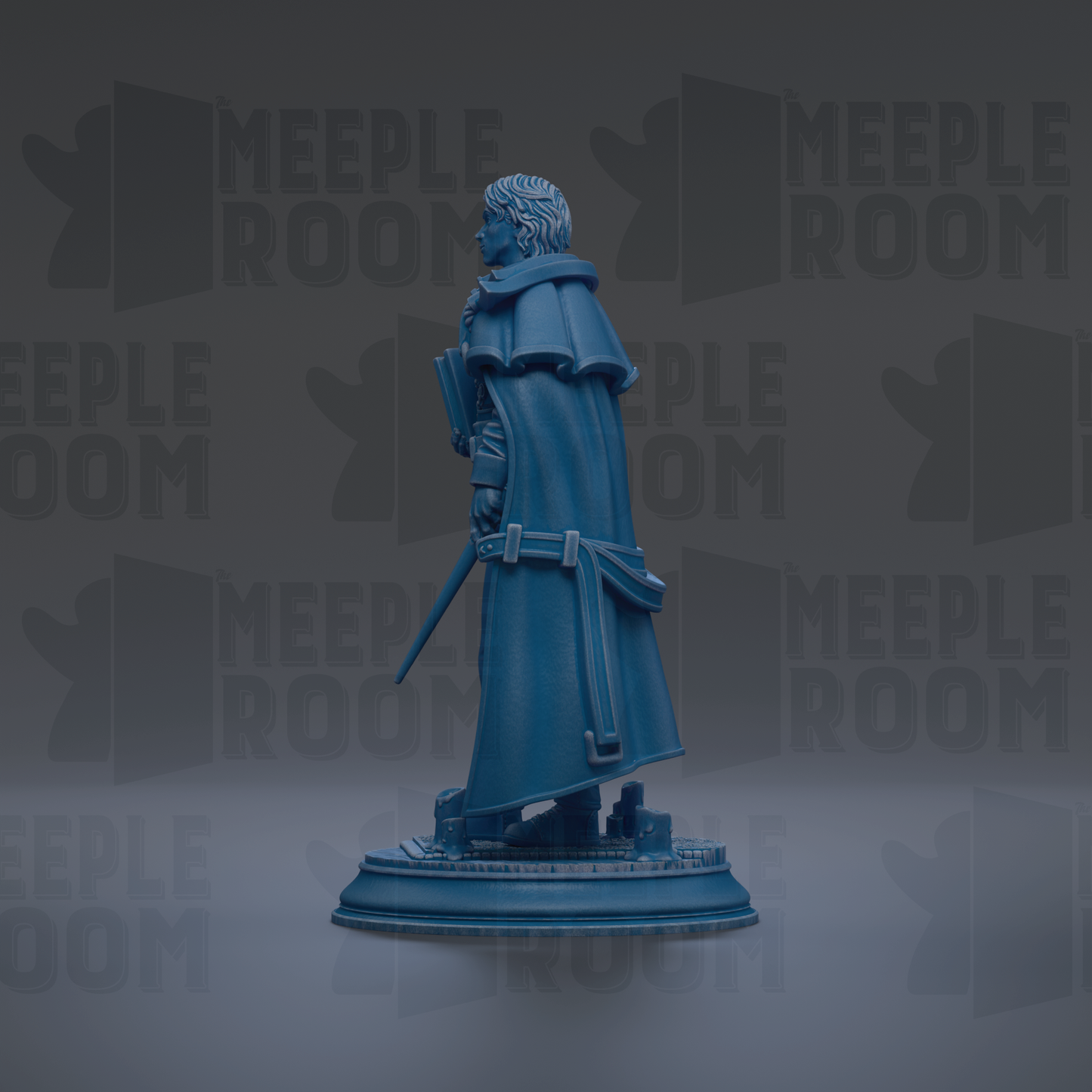 A blue statue of a person standing on a pedestal, holding a book and a sword.
