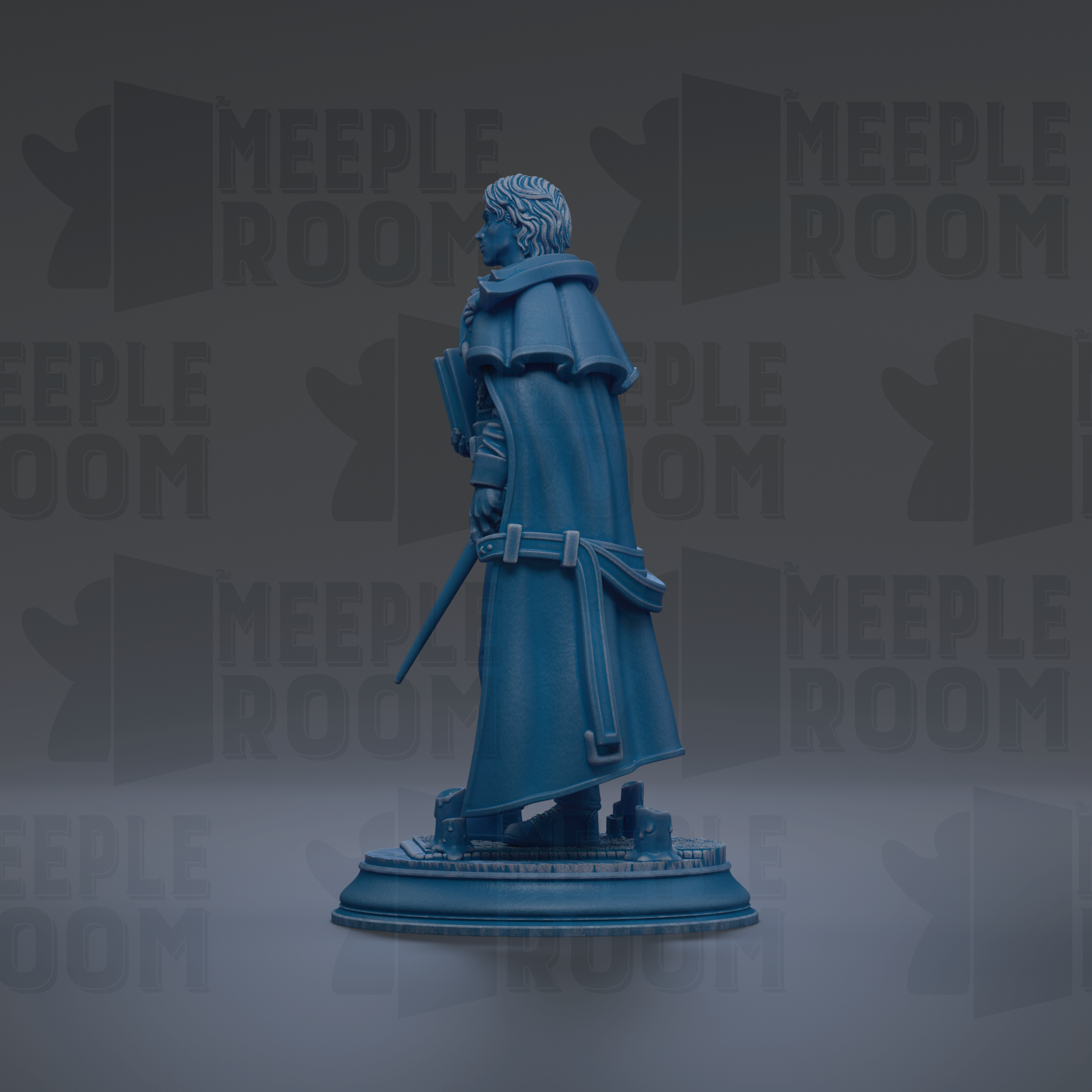 A blue statue of a person standing on a pedestal, holding a book and a sword.