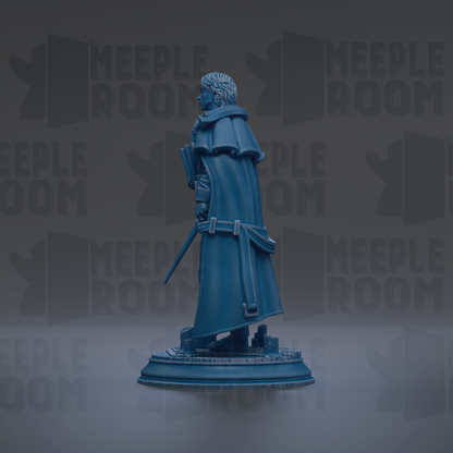 A blue statue of a person standing on a pedestal, holding a book and a sword.