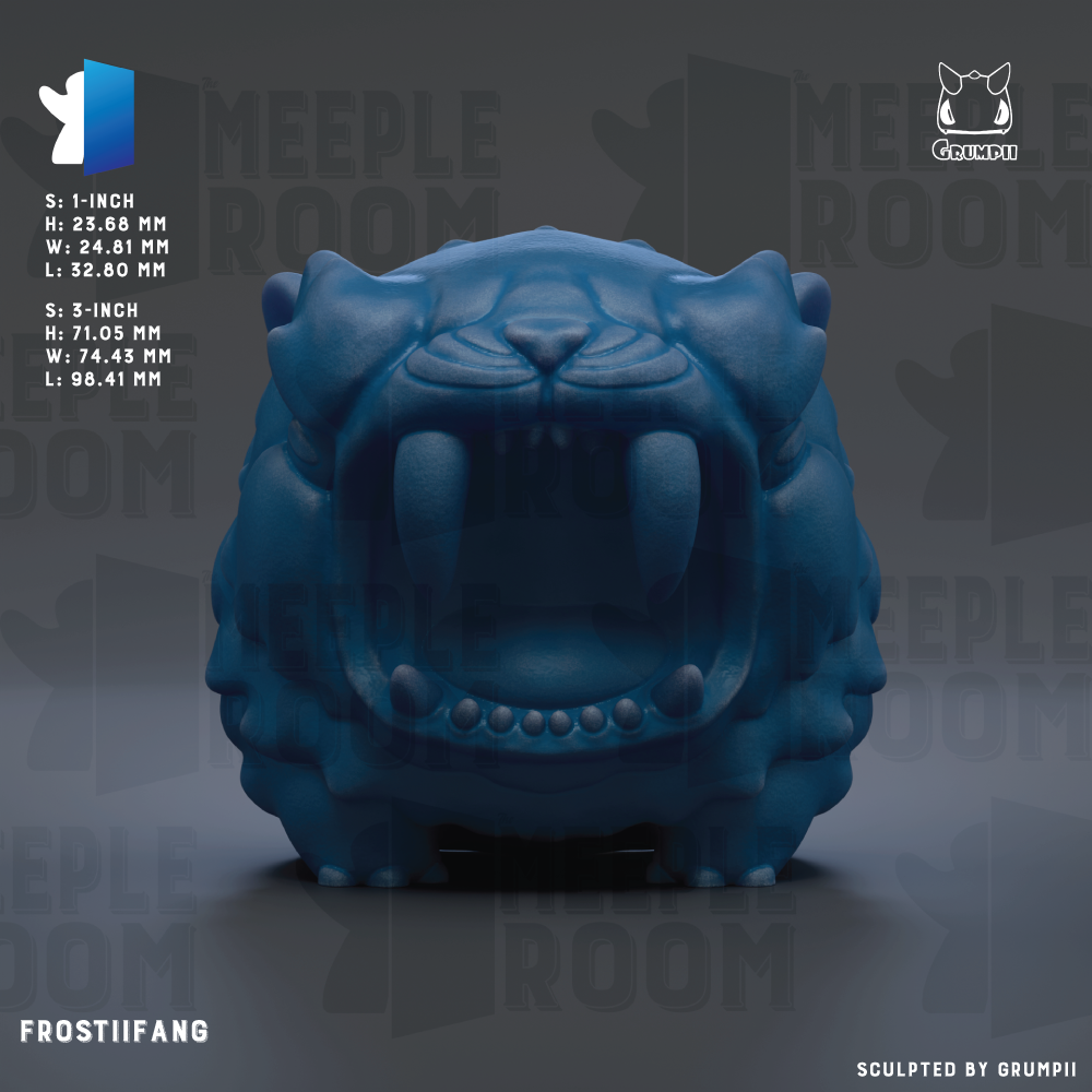 The image is a 3D rendering of a blue tiger-like creature with sharp teeth, standing on a dark surface.