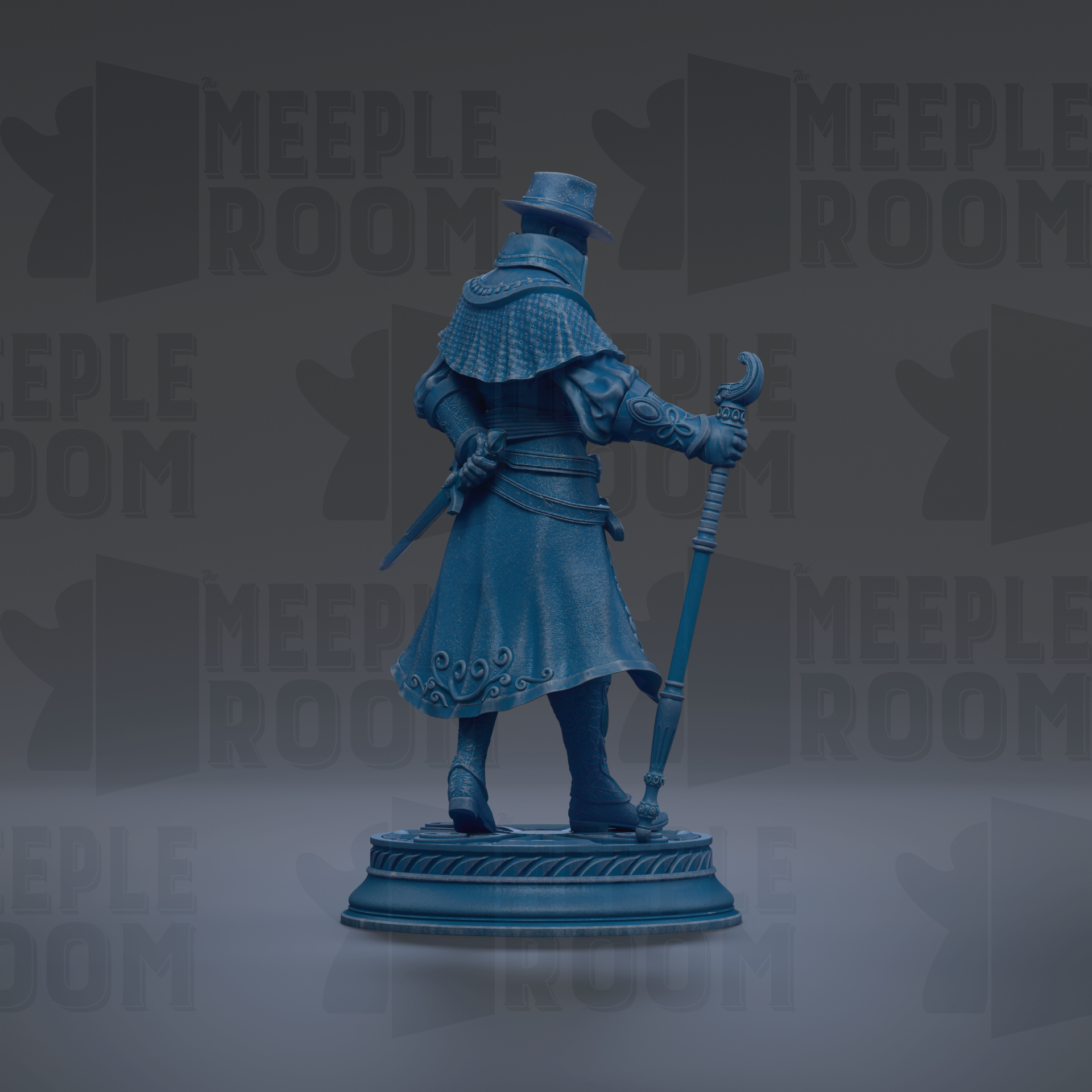 A blue statue of a person holding a staff and sword, standing on a pedestal.