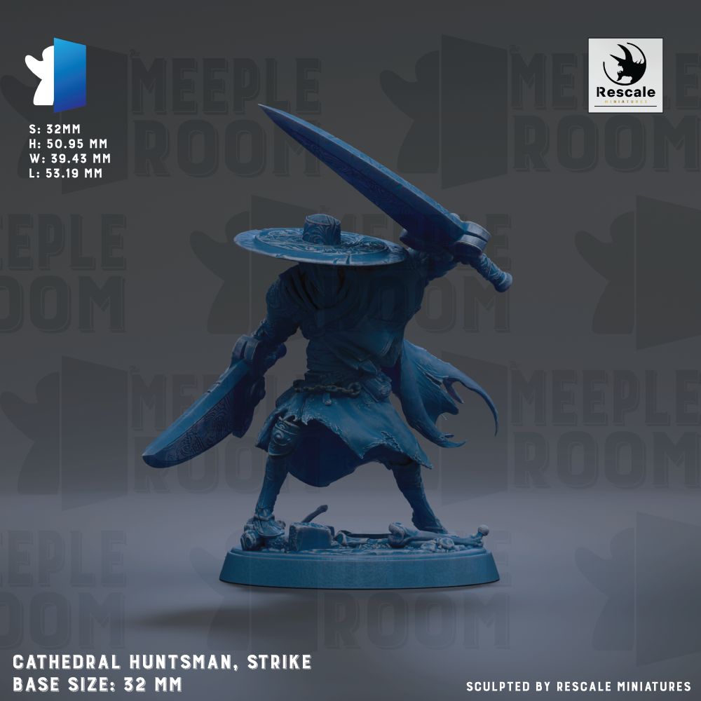 A figurine of a cathedral monk, a medieval warrior, is depicted in the image. The monk is holding a sword and shield, and the base size of the figurine is 32mm. The image is a sculpture by Rescue Miniatures.