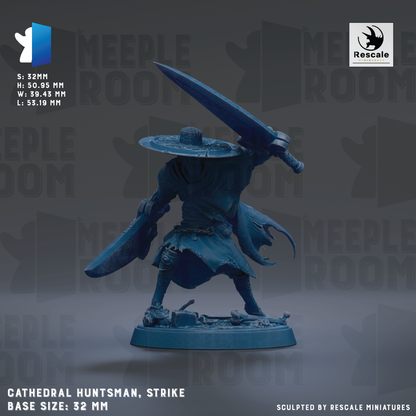 A figurine of a cathedral monk, a medieval warrior, is depicted in the image. The monk is holding a sword and shield, and the base size of the figurine is 32mm. The image is a sculpture by Rescue Miniatures.