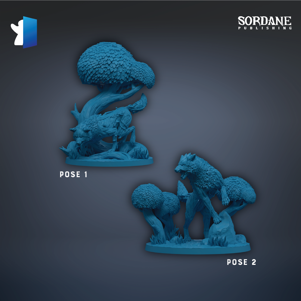 two blue figurines, one of a wolf and the other of a tree, with the text "POSE 1" and "POSE 2" indicating the pose of each figurine.