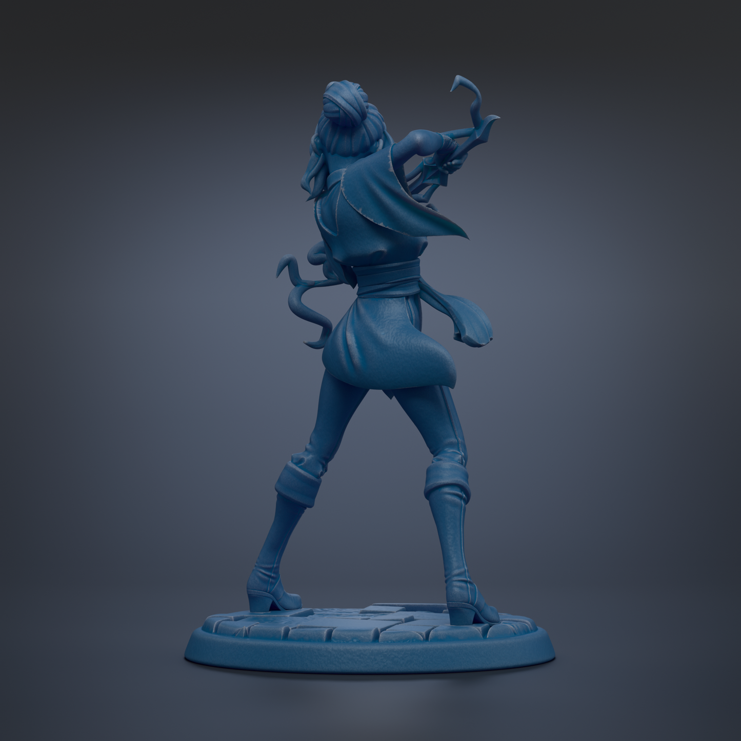 A 3D rendering of a female character in a fighting stance, with a cape and weapon in her hands.