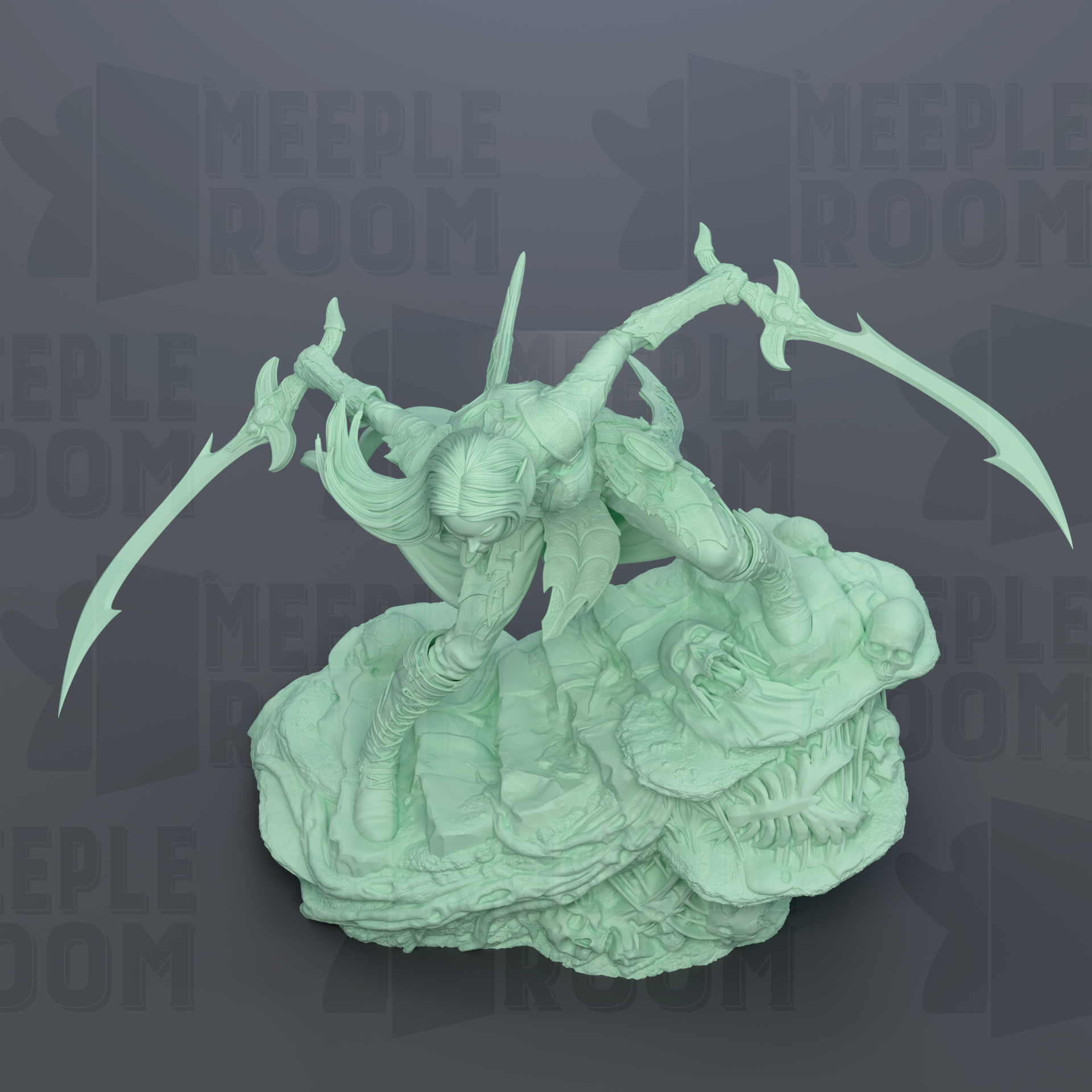 A green 3D model of a warrior figure wielding a sword and shield, standing on a rock formation.