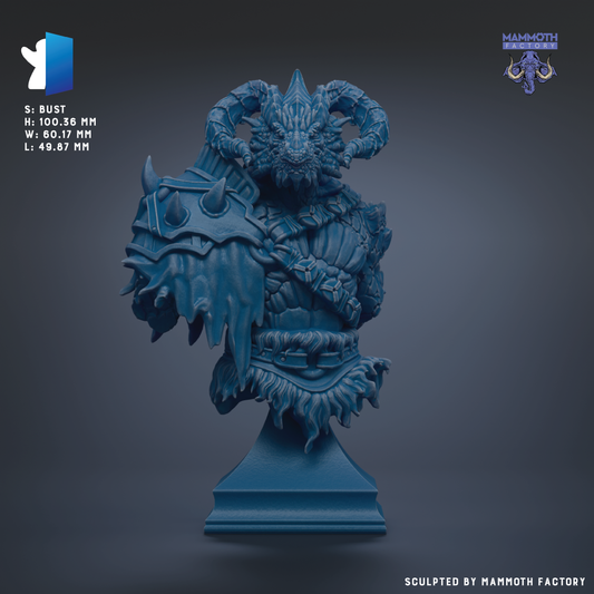 The image is a 3D model of a blue, fantastical creature with horns and a fierce expression, displayed on a pedestal.