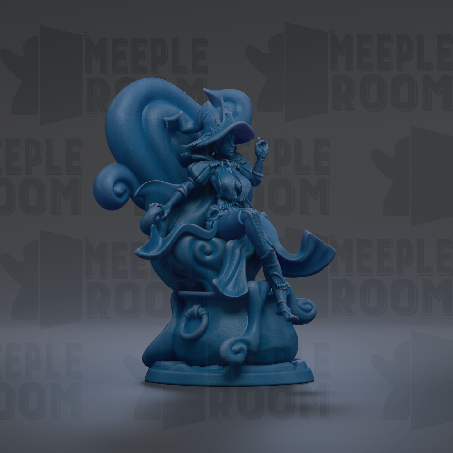 A blue, whimsical figurine of a witch sitting on a chair, with a large, curled hat and flowing robes.