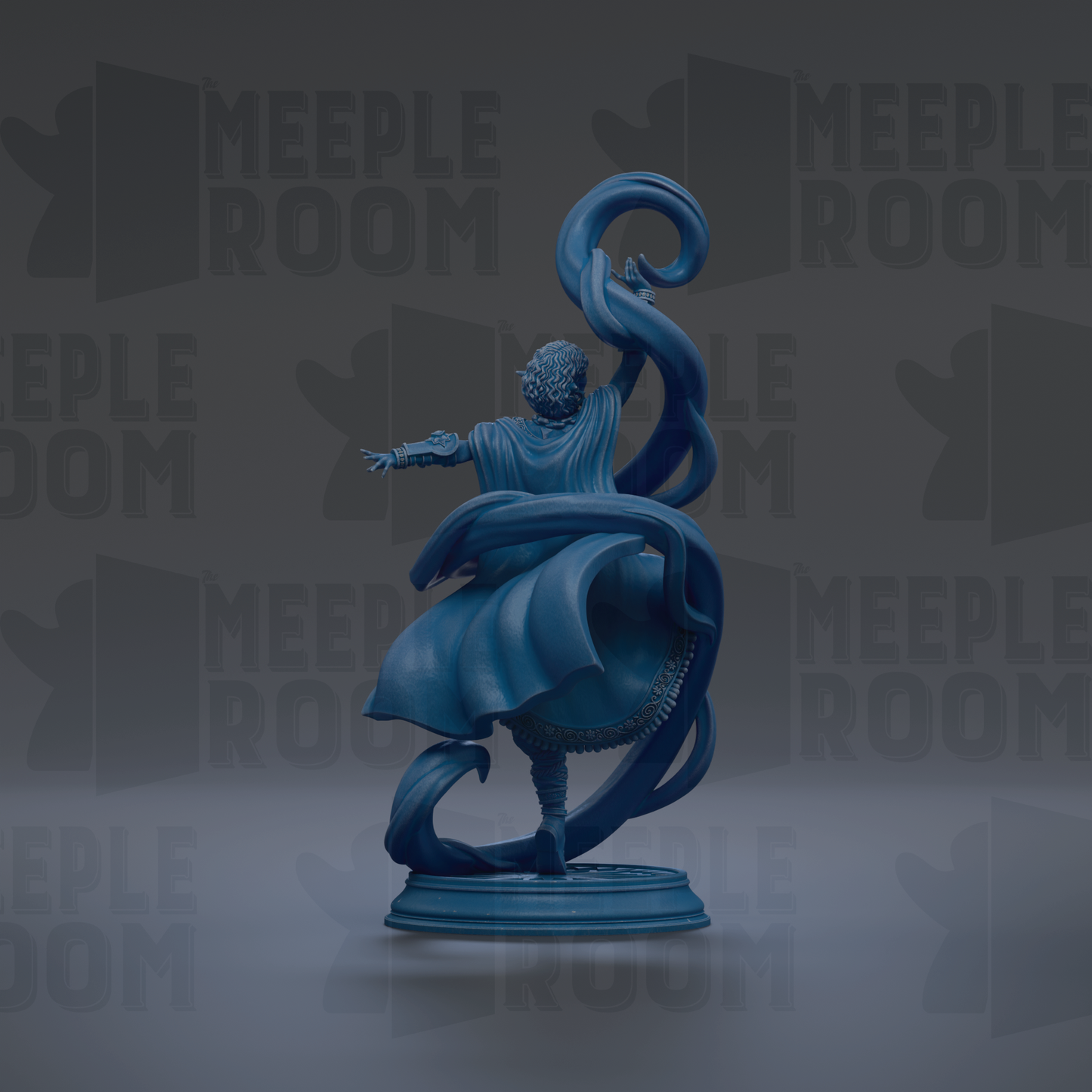 A blue statue of a figure with flowing robes and a large, curling piece of hair, standing on a pedestal against a dark background with repeated text.