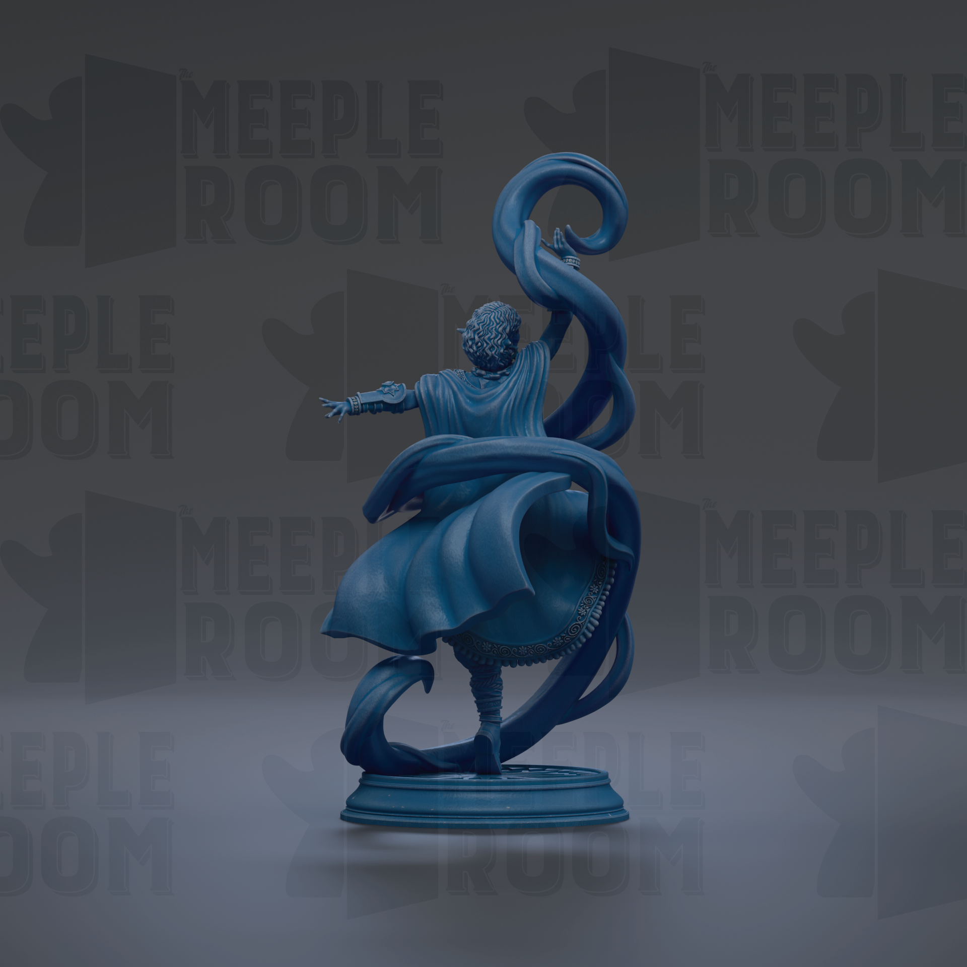 A blue statue of a figure with flowing robes and a large, curling piece of hair, standing on a pedestal against a dark background with repeated text.