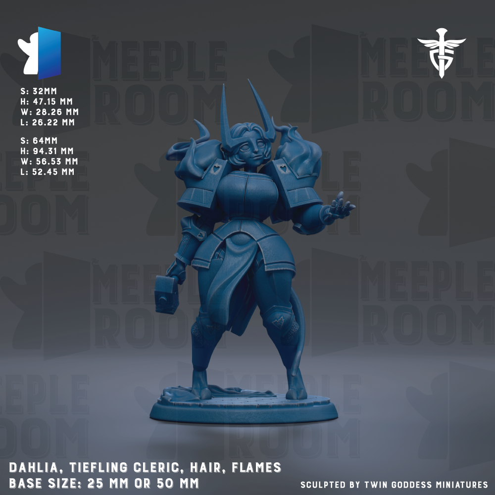 The image is a detailed 3D model of a female character with a blue color scheme, featuring a tiefling design and a hair-like appearance. The character is standing on a base size of 25 mm or 50 mm, and it is described as a "Dahlia, Tiefling Cleric, Hair, Flames" figurine. The image is a collage of various images, and it is described as being "sculpted by Twin Goddess miniatures".