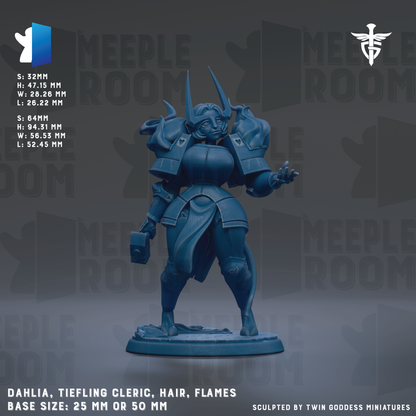 The image is a detailed 3D model of a female character with a blue color scheme, featuring a tiefling design and a hair-like appearance. The character is standing on a base size of 25 mm or 50 mm, and it is described as a "Dahlia, Tiefling Cleric, Hair, Flames" figurine. The image is a collage of various images, and it is described as being "sculpted by Twin Goddess miniatures".