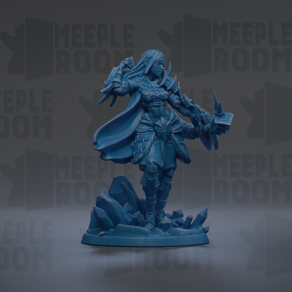 A blue figurine of a warrior standing on a rocky base, holding a shield and sword.