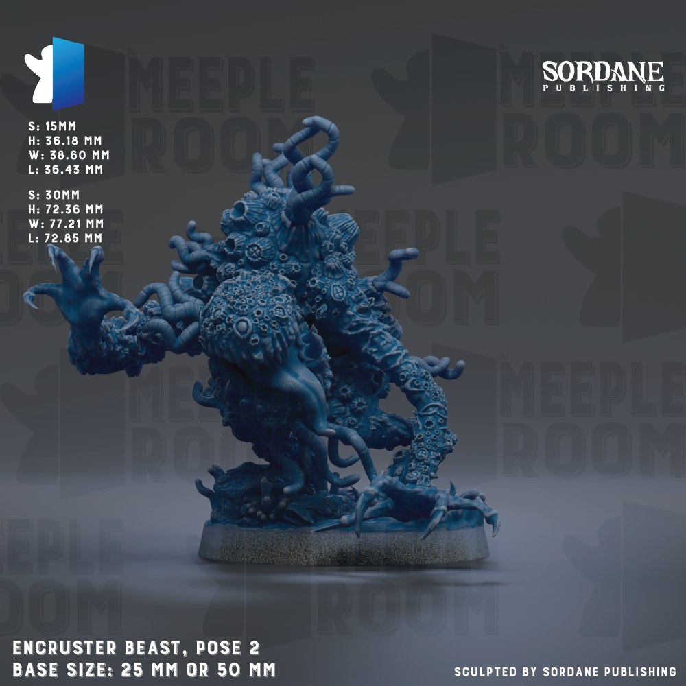 The image is a detailed 3D rendering of a blue, fantastical creature with intricate, organic-looking features, such as tentacles and a large head. The creature appears to be a mythical or imaginary being, possibly a monster or a dragon-like creature. The image is described as a "base size: 25 mm or 50 mm" and is presented against a dark background with the text "SORDANE PUBLISHING" visible.