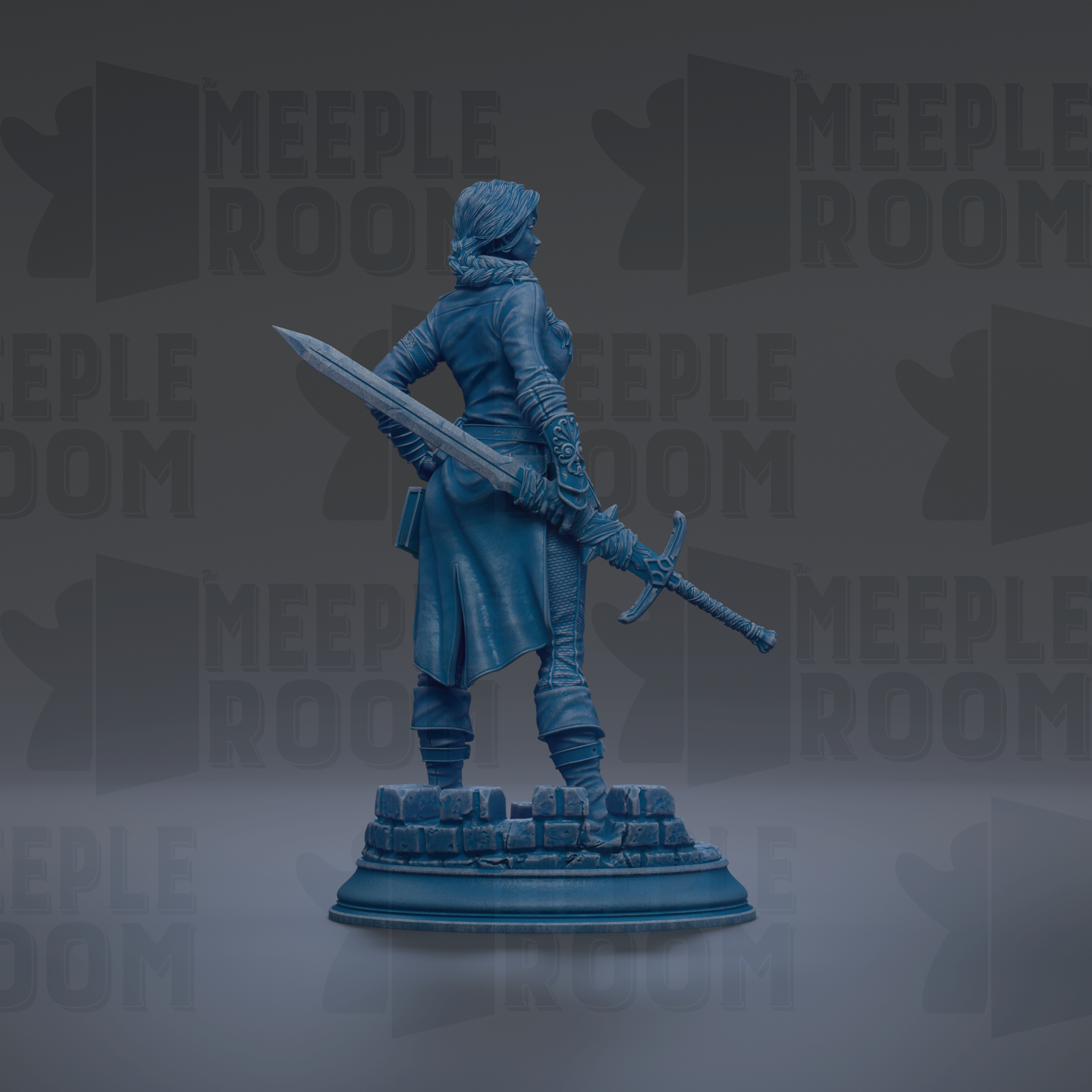 A blue statue of a woman holding a sword stands on a pedestal against a dark background with repeated text.