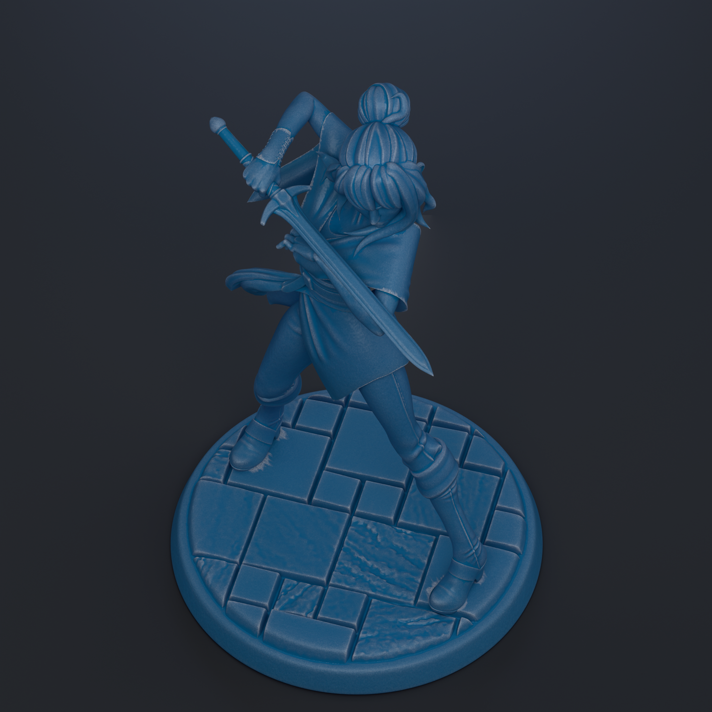 A blue 3D model of a warrior figure holding a sword and shield, standing on a circular base.