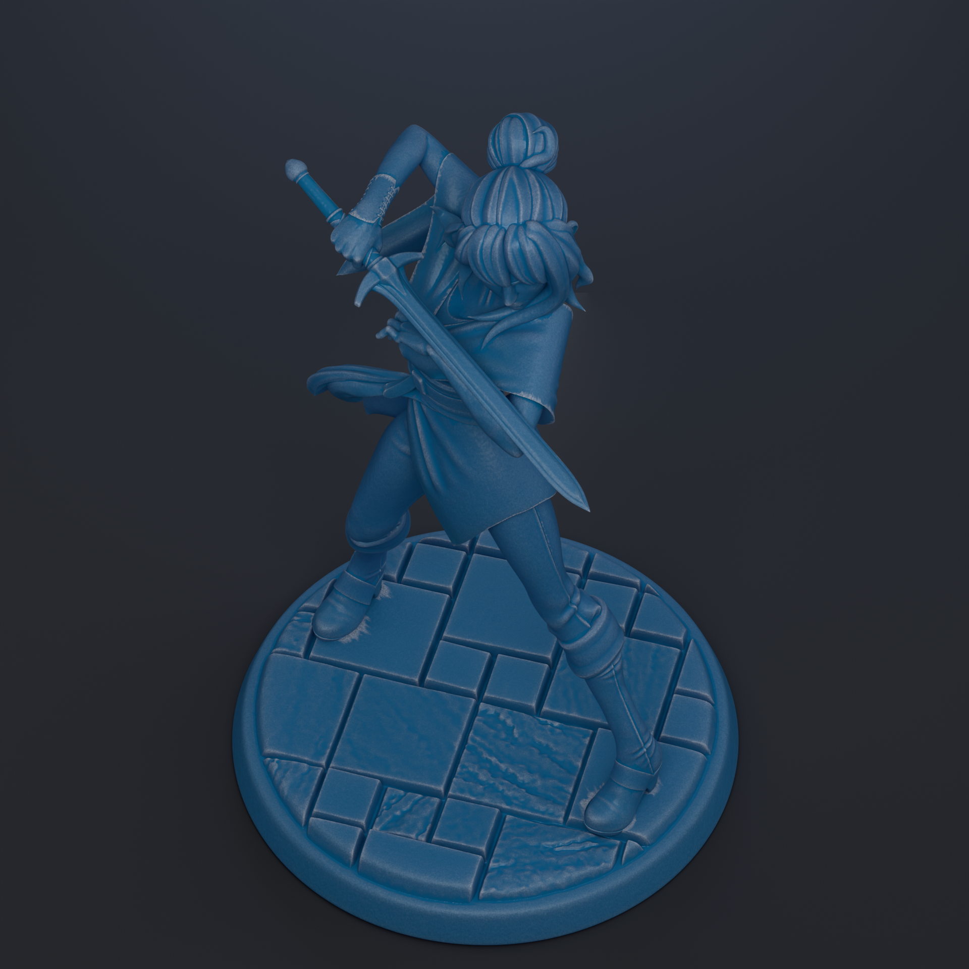 A blue 3D model of a warrior figure holding a sword and shield, standing on a circular base.